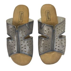 Women's Propet Fionna Soft Leather 1” Slide Sandals in Gray Wide Size 9 (4E)